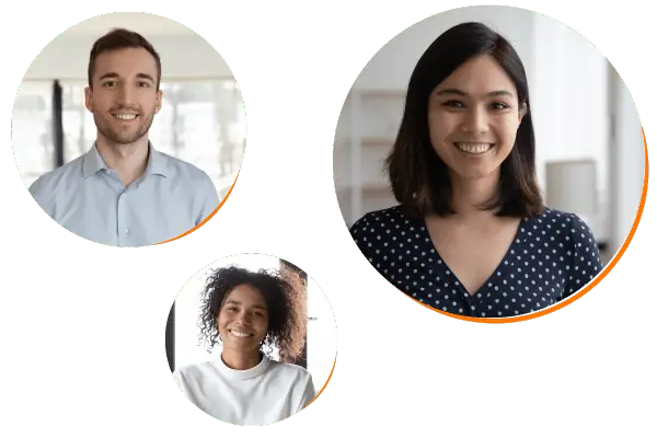 Auf der Homepage sind drei Personen in kreisförmigen Rahmen abgebildet. Oben links ist ein Mann mit hellblauem Hemd zu sehen. Oben rechts ist eine Frau mit schulterlangem dunklem Haar und einem gepunkteten Oberteil zu sehen. Unten links ist eine Frau mit lockigem Haar und weißem Pullover zu sehen, die lächelt.