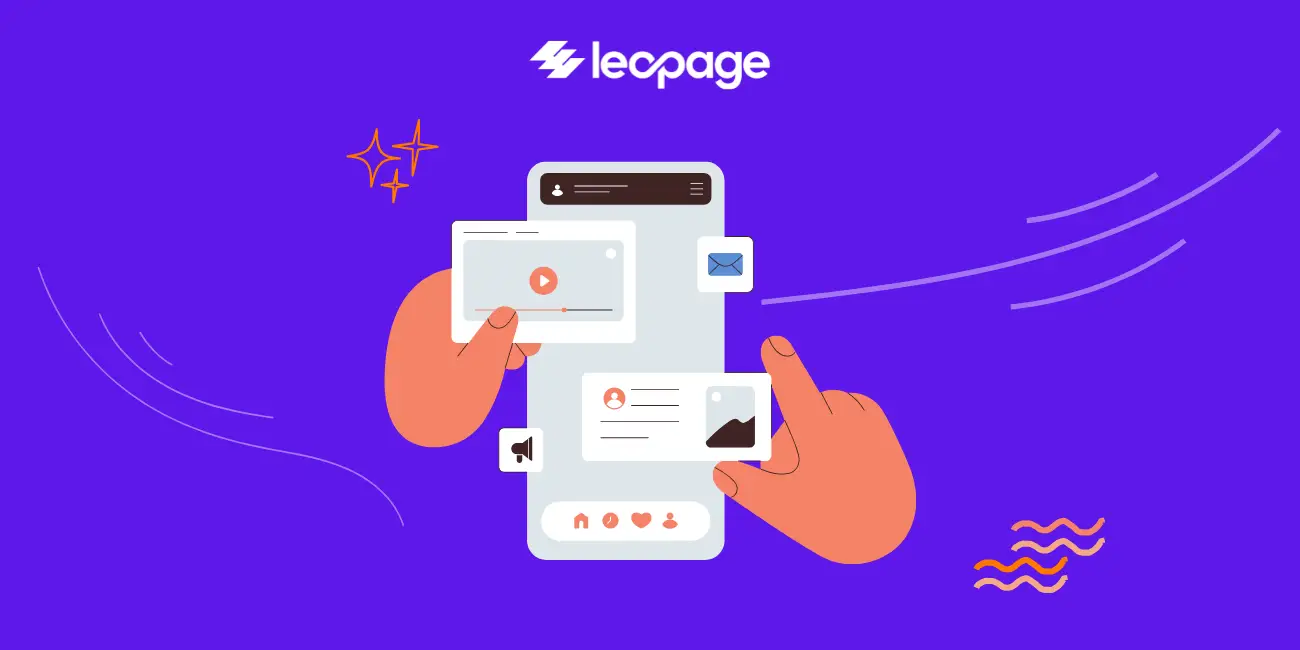 Abbildung eines Smartphones mit einer Hand, die mit verschiedenen App-Symbolen und -Schnittstellen interagiert, darunter ein Videoplayer, E-Mail und Social-Media-Elemente. Der Hintergrund ist violett mit abstrakten Linien und Formen. Das Logo „lepage“ befindet sich oben im Bild und unterstreicht die Kompetenz im Bereich Webdesign und Erstellung von Unternehmenswebsites.