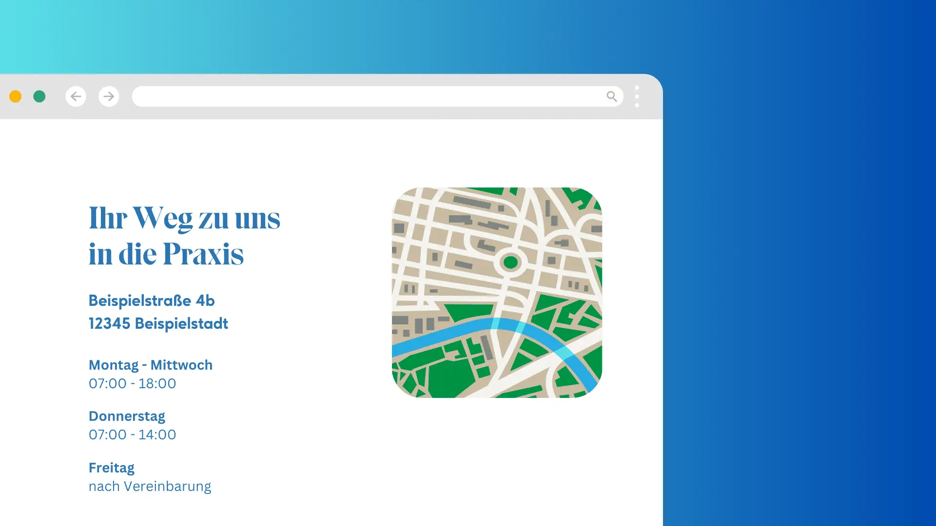 Eine Webseite mit einer Karte und Kontaktdaten einer Arztpraxis. Der Text auf der linken Seite zeigt die Adresse, die Öffnungszeiten von Montag bis Mittwoch und Donnerstag und erwähnt, dass Besuche am Freitag nach Terminvereinbarung möglich sind. Die Homepage zeigt auf der Karte einen typischen Straßenverlauf.