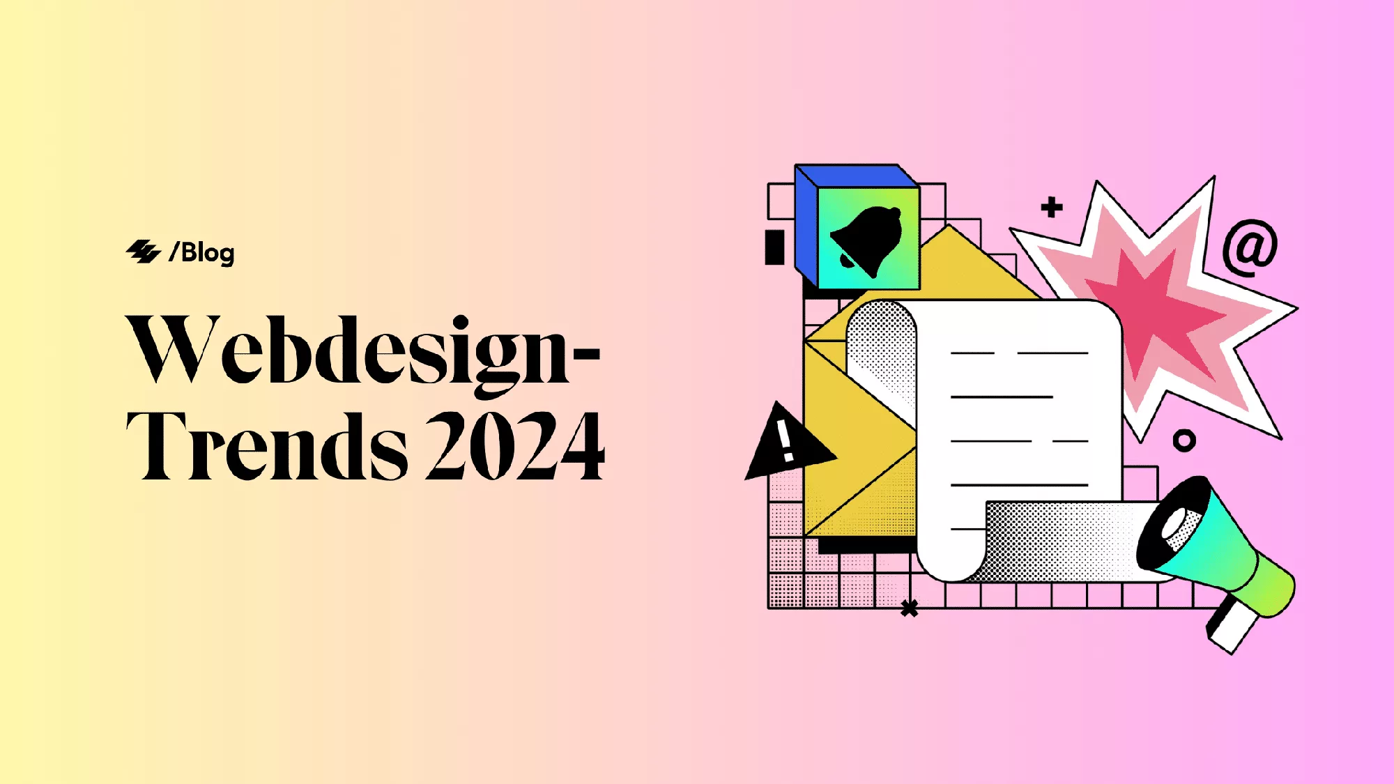 Ein Bild mit einem Farbverlauf-Hintergrund von Gelb nach Pink, mit dem Text „Webdesign-Trends 2024“ auf der linken Seite und verschiedenen illustrierten Elementen auf der rechten Seite, darunter ein Benachrichtigungssymbol, ein Umschlag, ein Dokument und ein Megaphon – perfekt für Ihre Unternehmenswebsite.