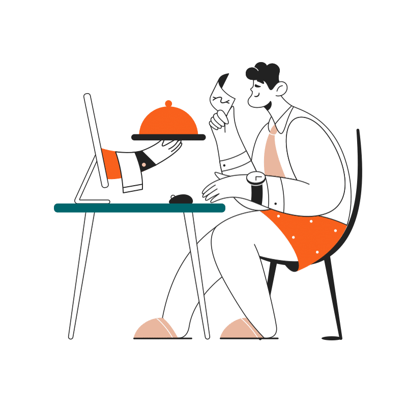 Illustration eines Mannes in weißem Hemd und orangefarbenen gepunkteten Boxershorts, der an einem Tisch sitzt. Er interagiert mit einem Computer, aus dem eine Hand herausragt, die ihm ein Gericht serviert, möglicherweise während er nach Webdesign-Ideen sucht oder seine Unternehmenswebsite erstellt. Der Mann wirkt entspannt und hält ein Glas in der Hand.