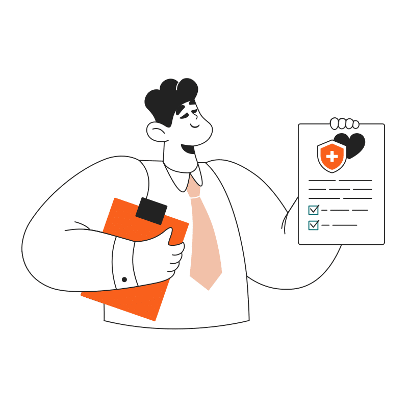 Abbildung einer Person in Hemd und Krawatte, die ein Klemmbrett und ein Dokument mit einem Gesundheitssymbol und Häkchen hält. Die Person scheint Informationen zu erklären oder zu präsentieren, möglicherweise im Zusammenhang mit Webdesign. Das Farbschema umfasst Weiß, Orange und Schwarz.