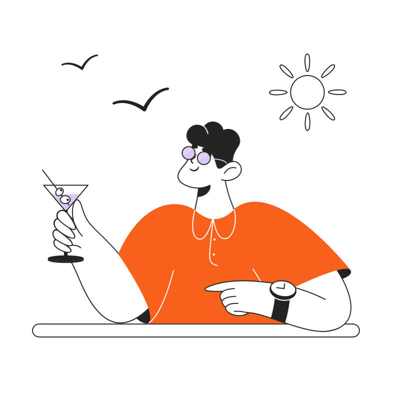 Illustration einer Person mit Sonnenbrille, orangefarbenem Hemd und Uhr, die an einem Tisch sitzt und einen Cocktail in der Hand hält. Sie lächelt, im Hintergrund scheint die Sonne und Vögel fliegen – perfekt, um Ihrem Webdesign-Projekt oder Ihrer Homepage einen Hauch von Entspannung zu verleihen.