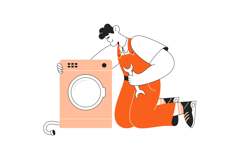 Abbildung einer Person mit einer orangefarbenen Schürze, die neben einer Waschmaschine kniet und einen Schraubenschlüssel hält. Die Person scheint das Gerät zu reparieren oder daran zu arbeiten. Die Waschmaschine hat eine Frontladertür, ein sichtbares Kabel und Bedienknöpfe auf der Oberseite – passt perfekt zu Ihrem Leopardenbild und zeigt praktische Haushaltstipps.