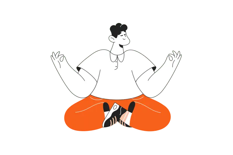 Eine Illustration einer Person mit kurzen Haaren, die im Schneidersitz sitzt und meditiert. Sie trägt ein weißes Hemd und leuchtend orangefarbene Hosen, hat die Augen geschlossen und die Hände in einer Yoga-Mudra-Pose. Der Hintergrund ist schlicht und erinnert an die ruhige Konzentration, die nötig ist, um eine Website effizient zu erstellen.
