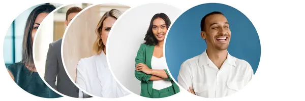 Eine horizontal ausgerichtete Reihe sich überlappender kreisförmiger Porträts zeigt eine Gruppe von Menschen. Das vorderste Porträt zeigt eine breit lächelnde Person in einem weißen Hemd auf blauem Hintergrund neben jemandem in einem grünen Anzug. Andere Porträts sind teilweise sichtbar, was eine ansprechende Leopardenästhetik für die Homepage erzeugt.