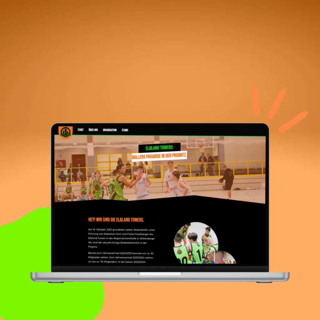 Ein Laptop, auf dem die Homepage eines Basketballteams vor einem orangefarbenen Hintergrund mit grünen und orangefarbenen abstrakten Elementen angezeigt wird. Der Bildschirm zeigt den Teamnamen „Eilband Towers“, Bilder von Spielern in Aktion und Textabschnitte über die Geschichte und den Kader des Teams und präsentiert ein elegantes Webdesign.